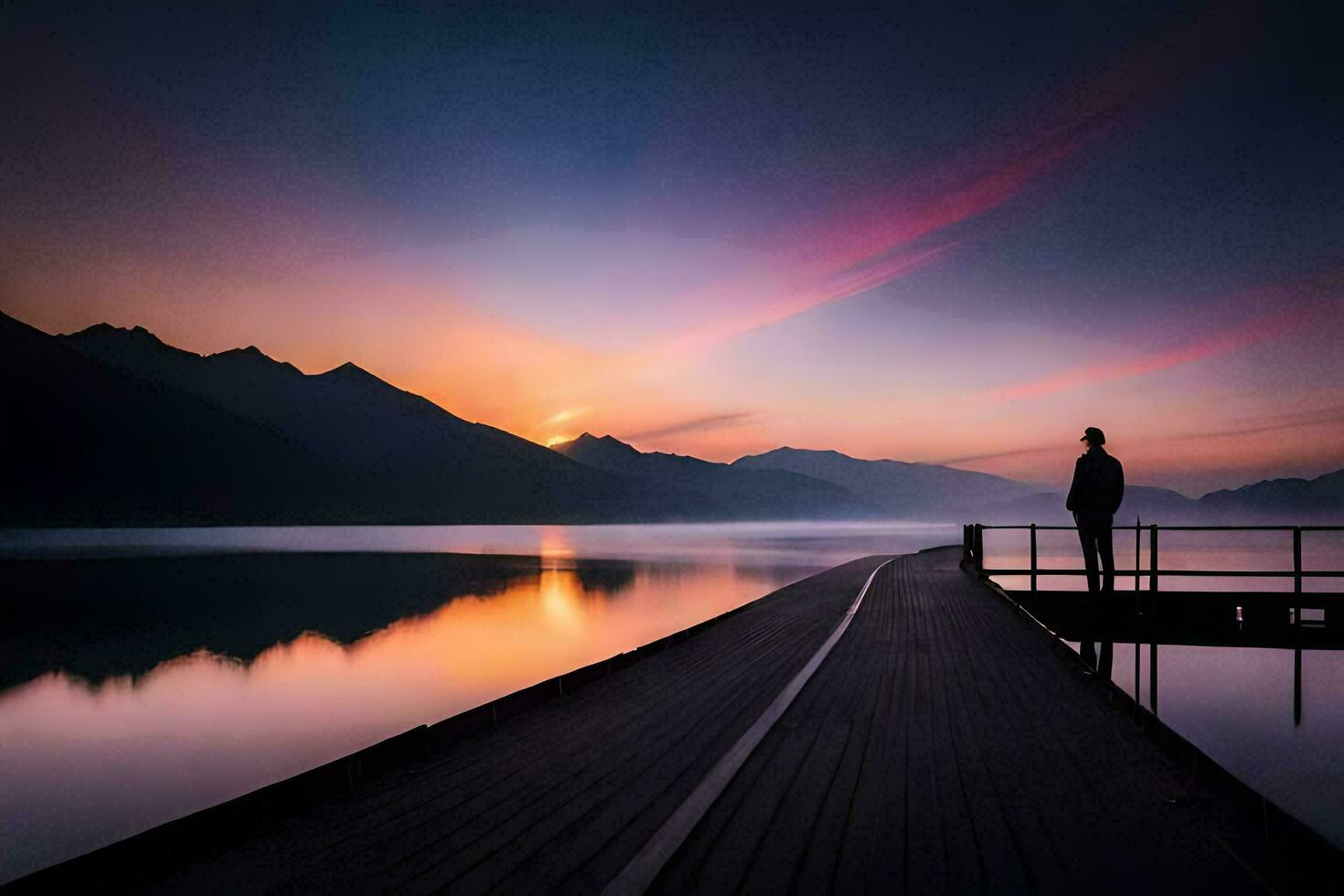 en man står på en docka på solnedgång. ai-genererad foto