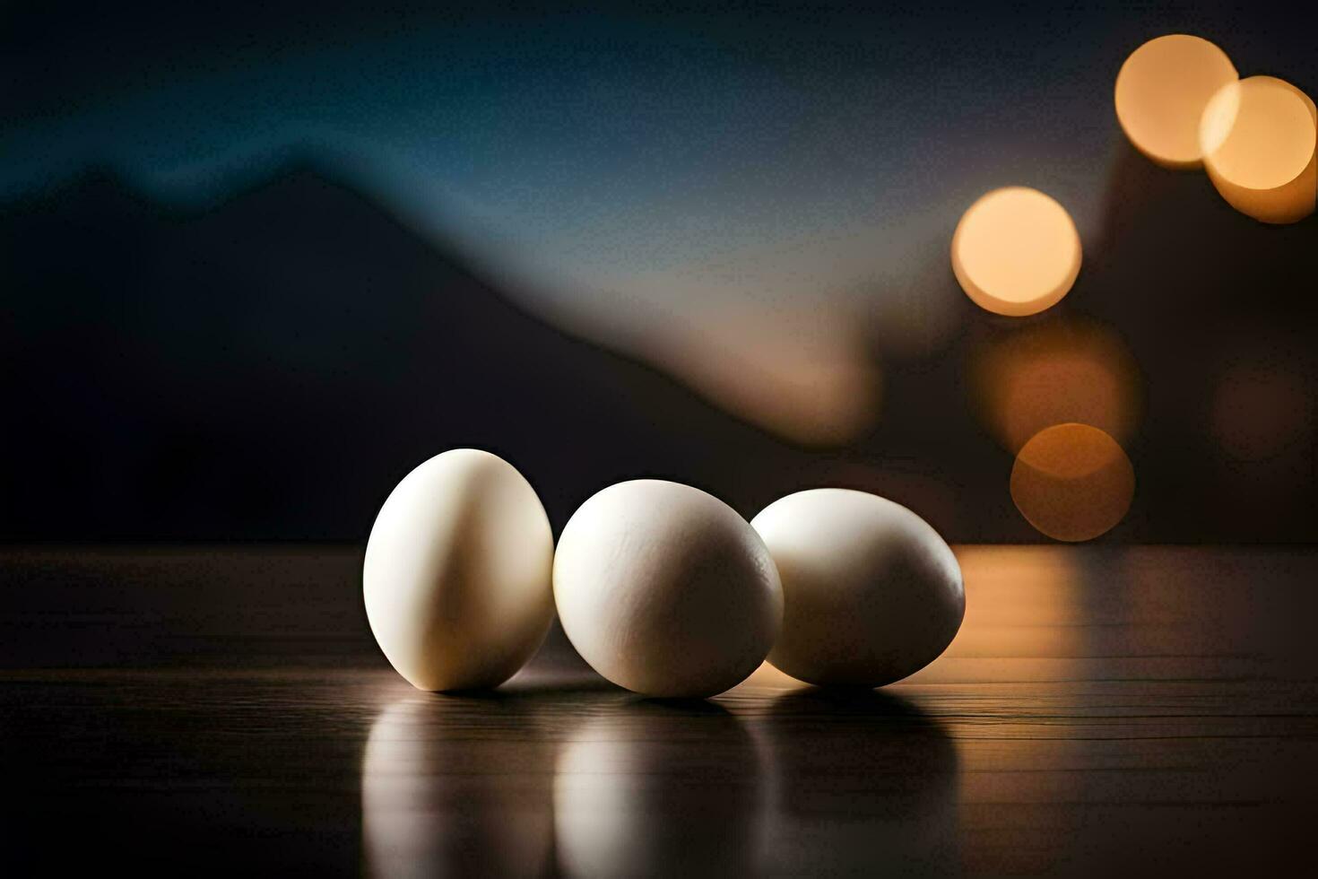 tre ägg på en tabell med suddig bakgrund. ai-genererad foto
