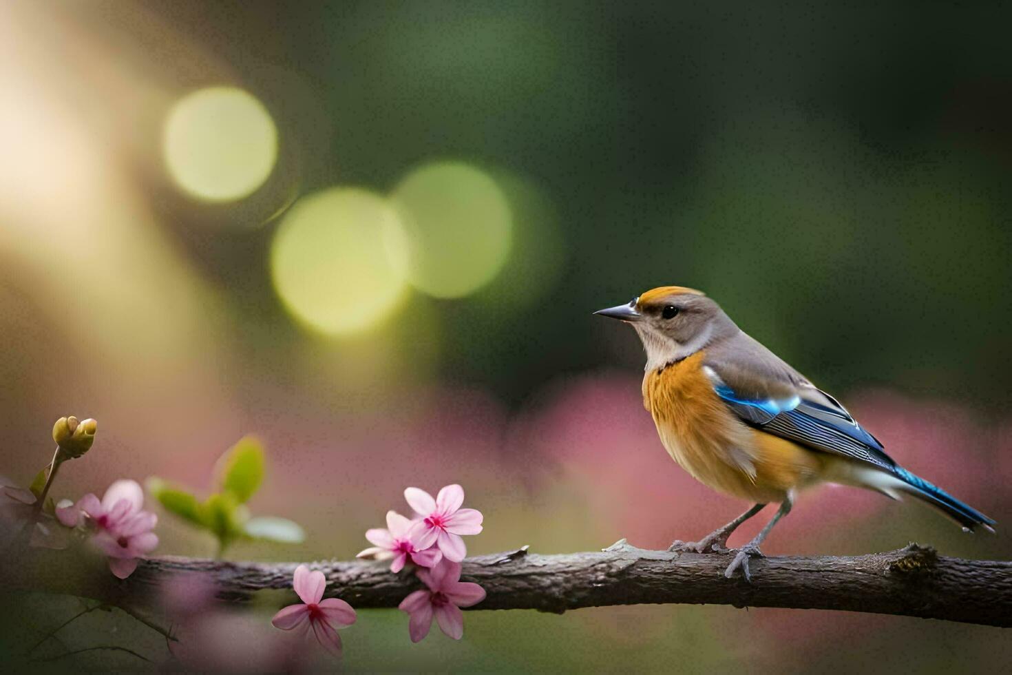 en fågel sitter på en gren med rosa blommor. ai-genererad foto