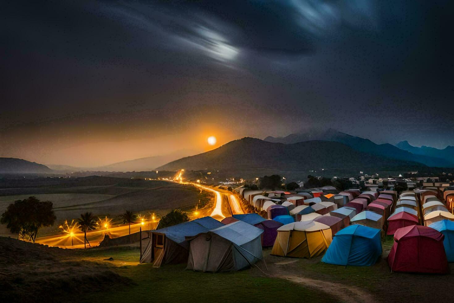 en natt skott av tält i de berg. ai-genererad foto