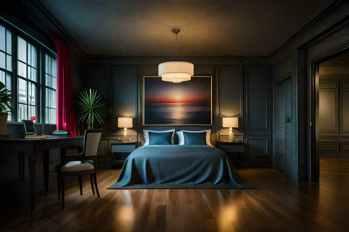 en sovrum med mörk trä golv och en stor målning. ai-genererad foto