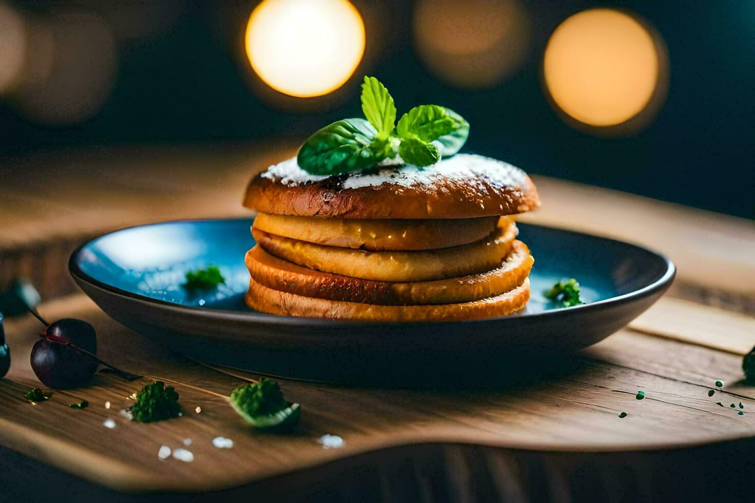 en stack av pannkakor på en tallrik med mynta löv. ai-genererad foto