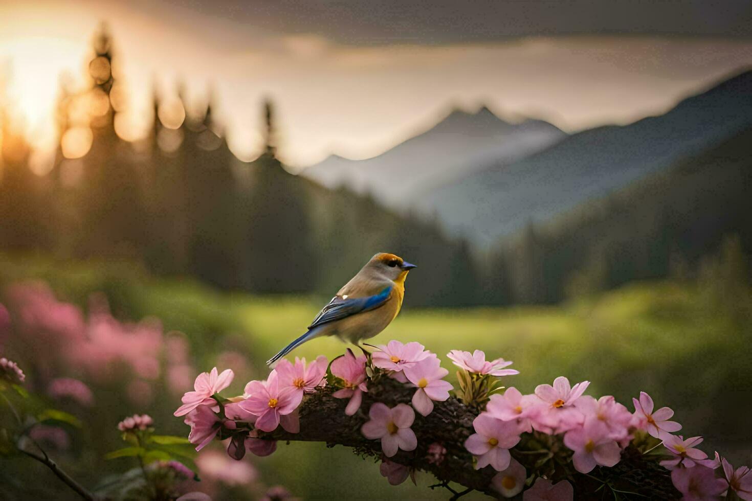 Foto tapet de himmel, blommor, fågel, berg, blommor, fågel, natur, natur,. ai-genererad