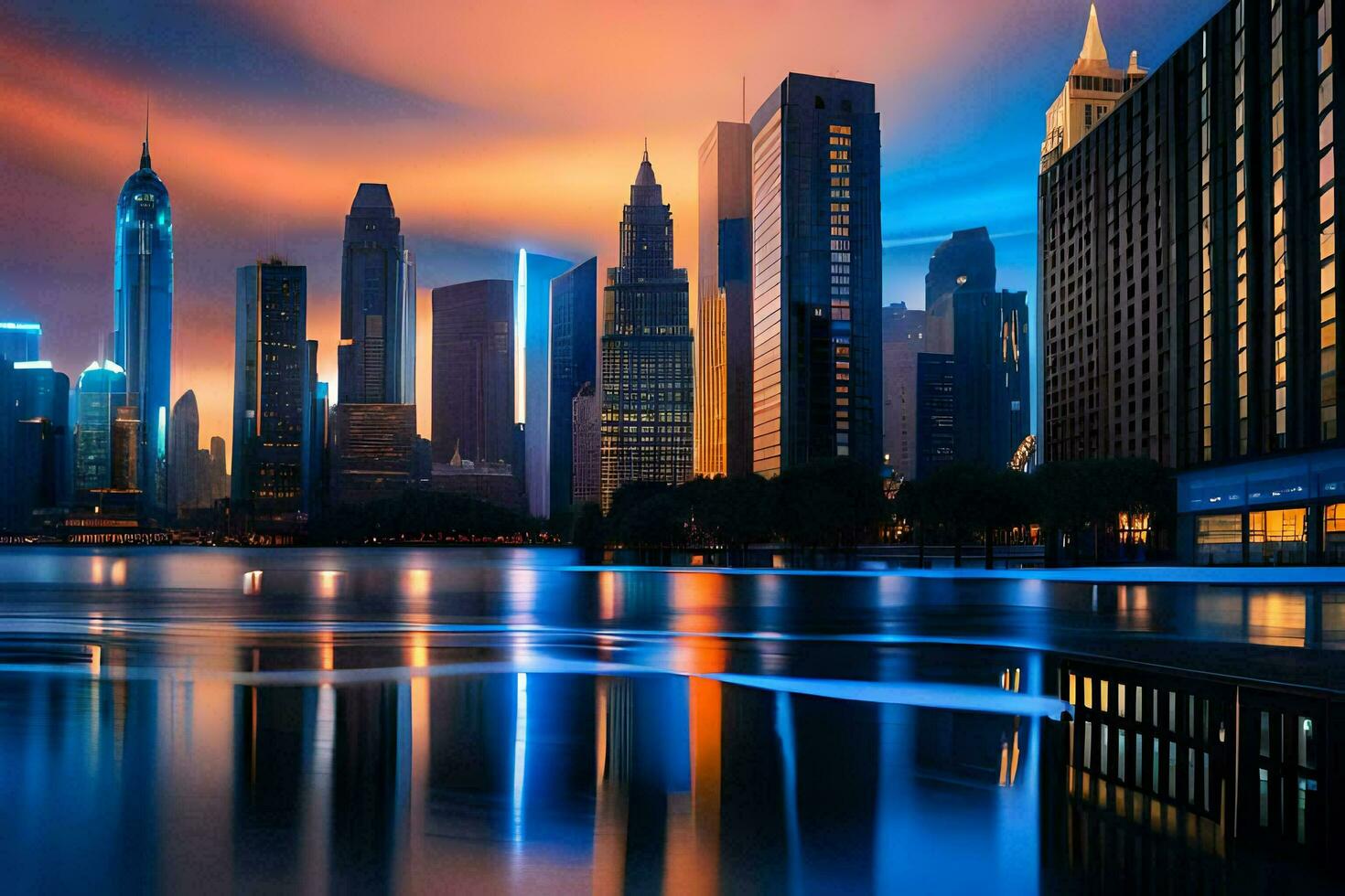 de stad horisont är reflekterad i de vatten på natt. ai-genererad foto