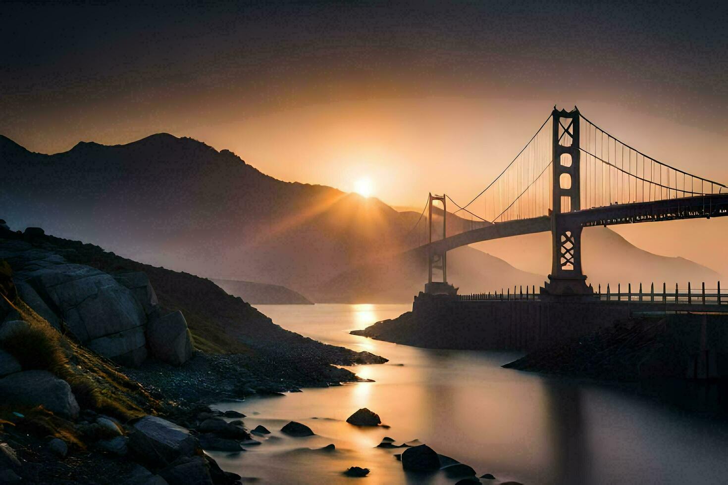 de gyllene Port bro på solnedgång. ai-genererad foto