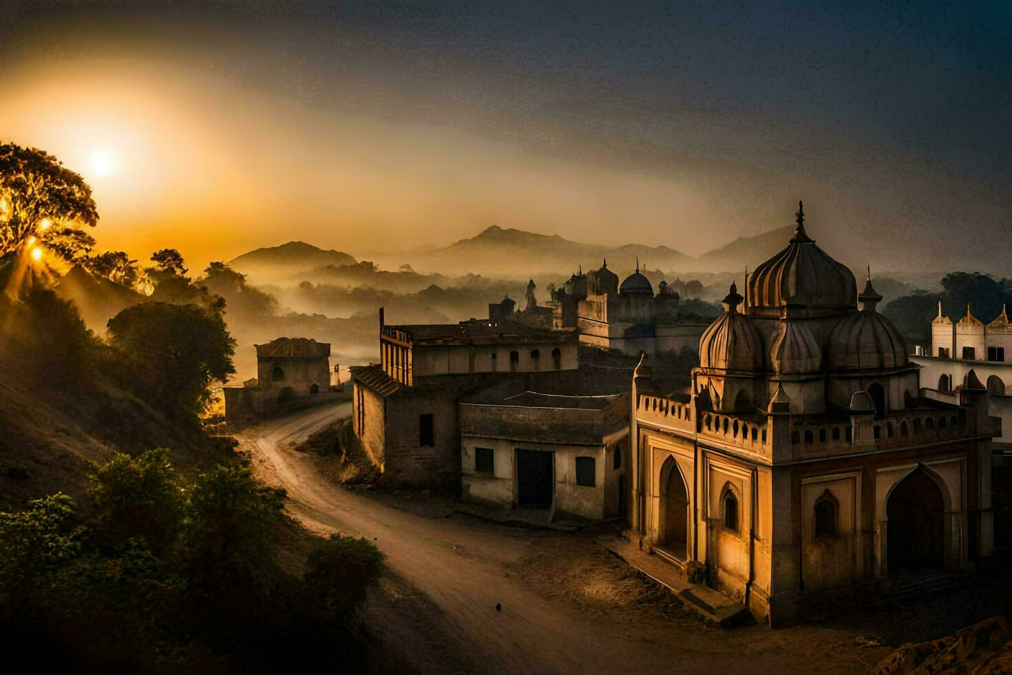 de Sol stiger över en stad i Indien. ai-genererad foto