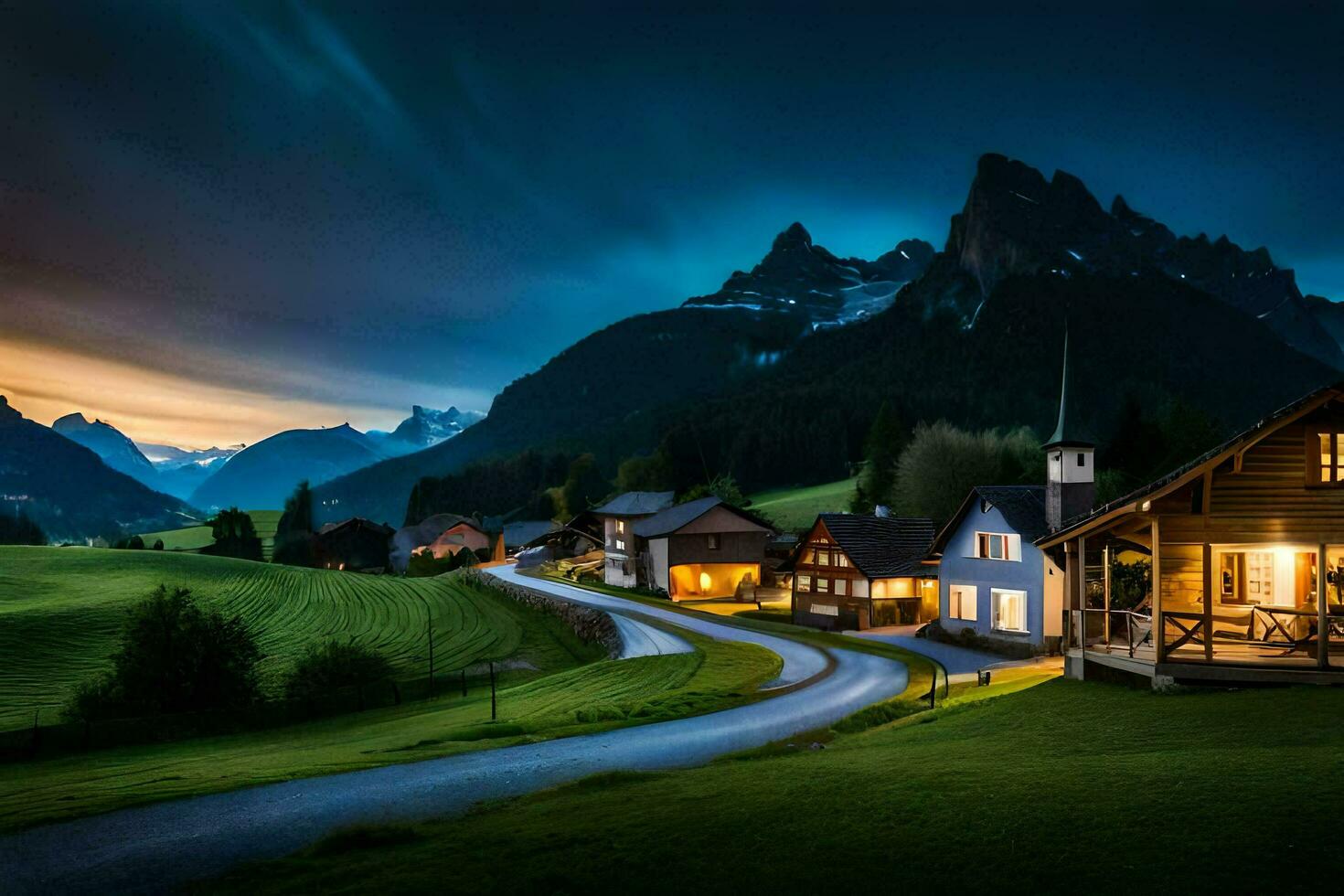 Foto tapet de himmel, berg, väg, hus, by, solnedgång, de natt, de. ai-genererad