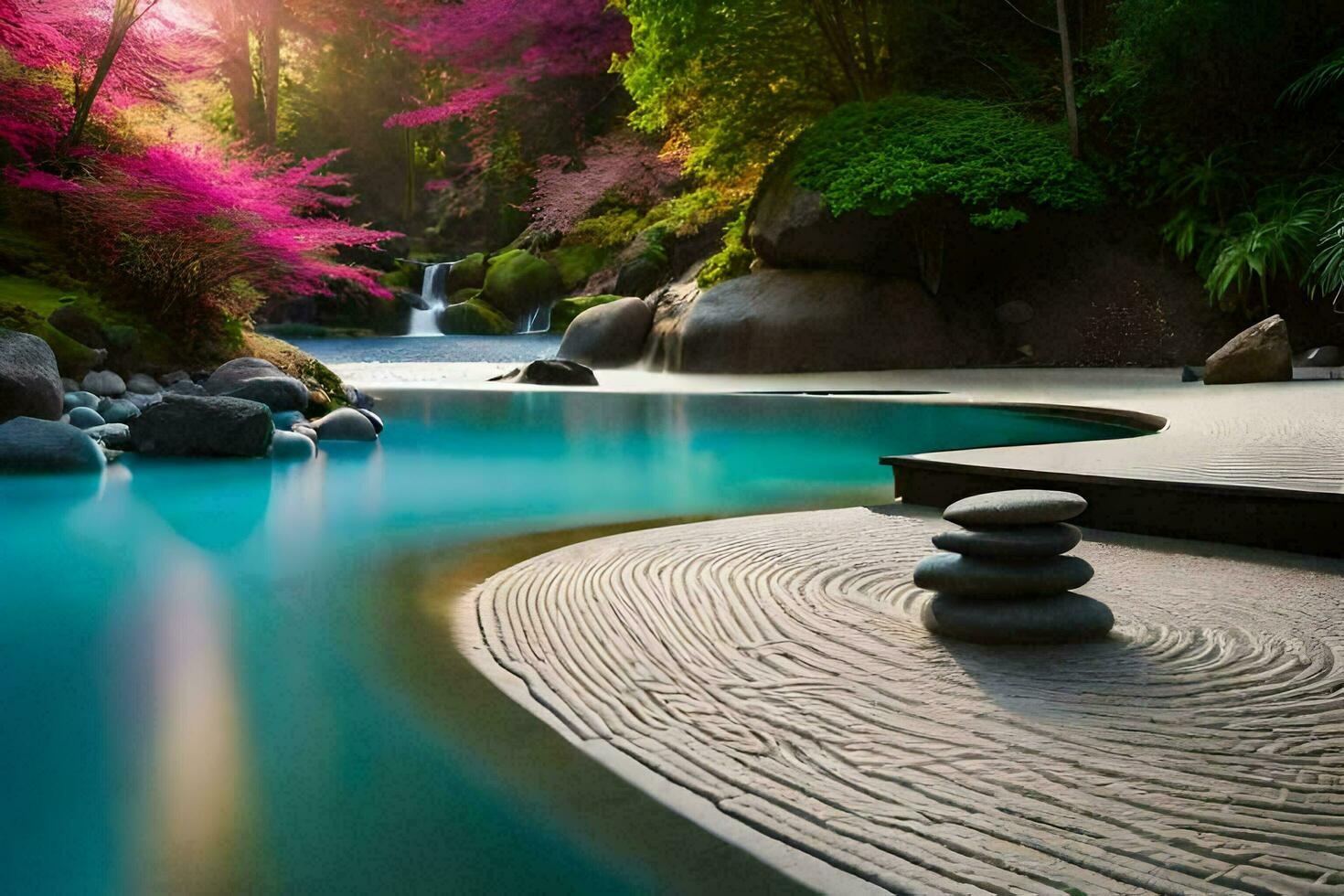 en skön landskap med stenar och vatten. ai-genererad foto