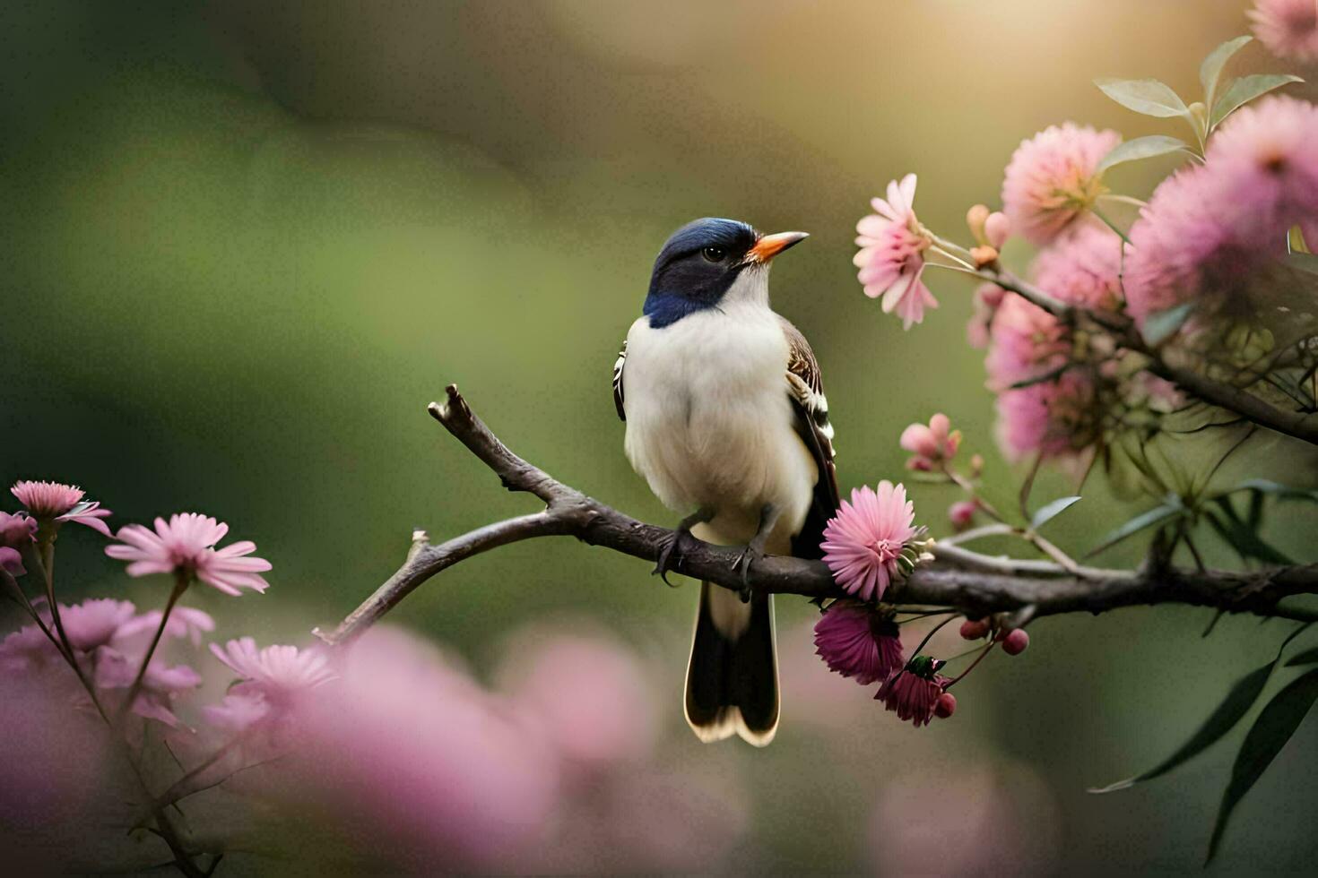 en fågel sitter på en gren med rosa blommor. ai-genererad foto