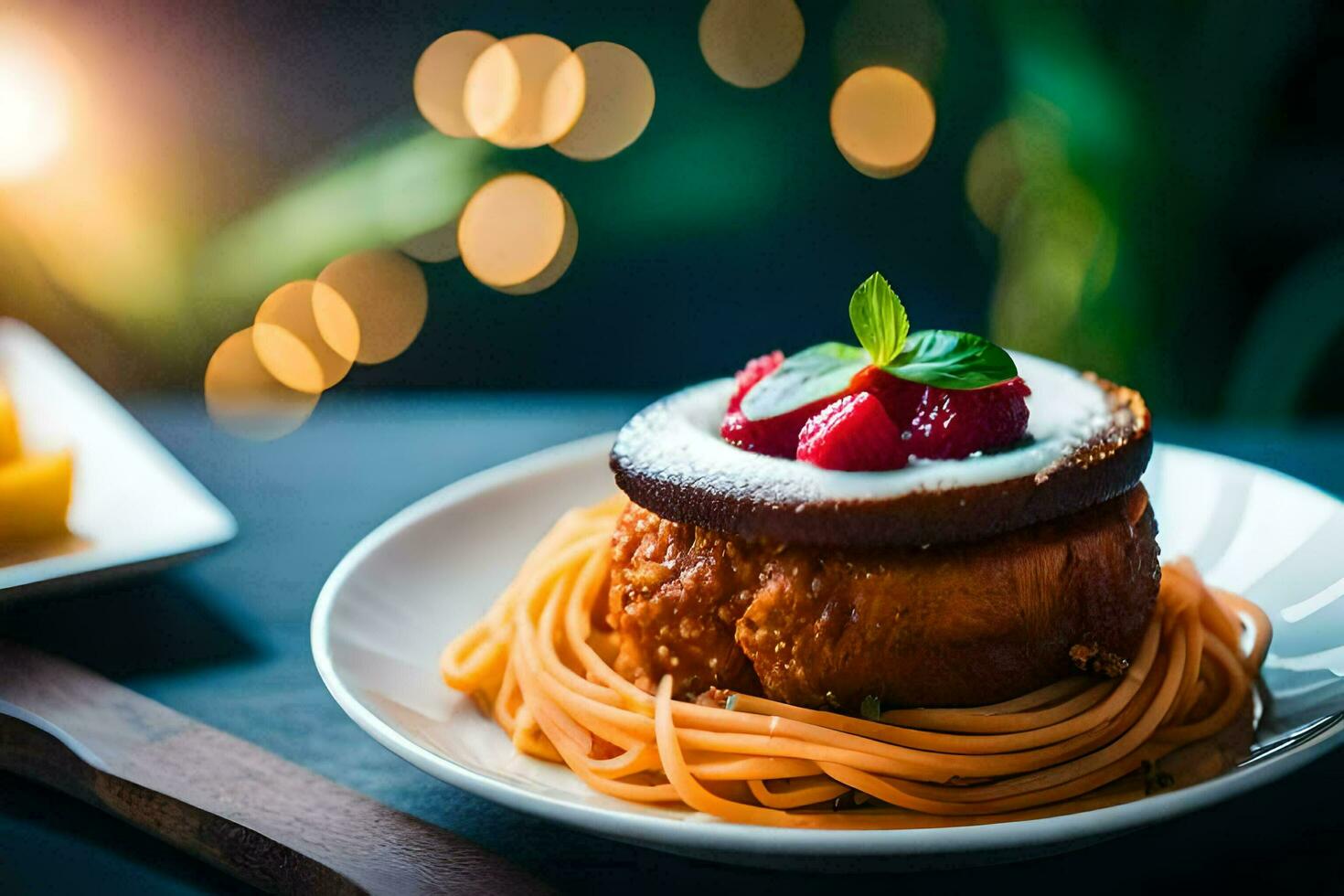 en tallrik med en kaka och spaghetti på Det. ai-genererad foto