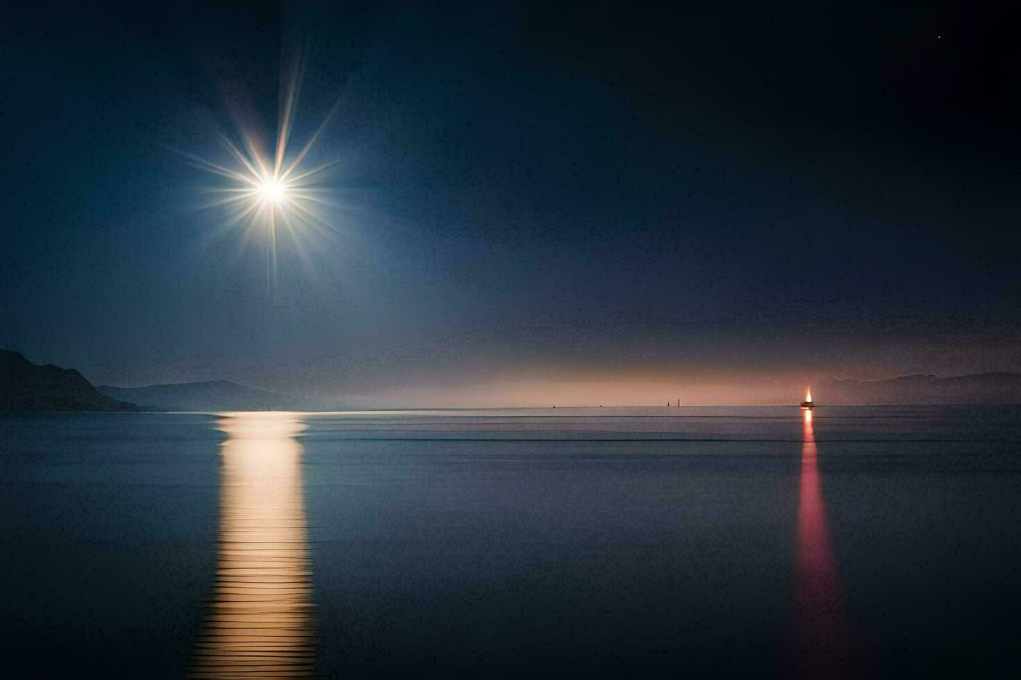 en full måne lyser över de vatten. ai-genererad foto