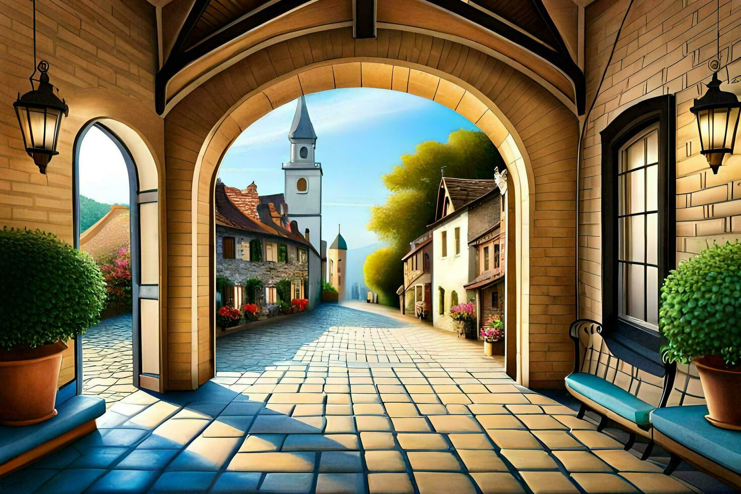 ett konstnärlig målning av en gata med en bänk och en kyrka. ai-genererad foto