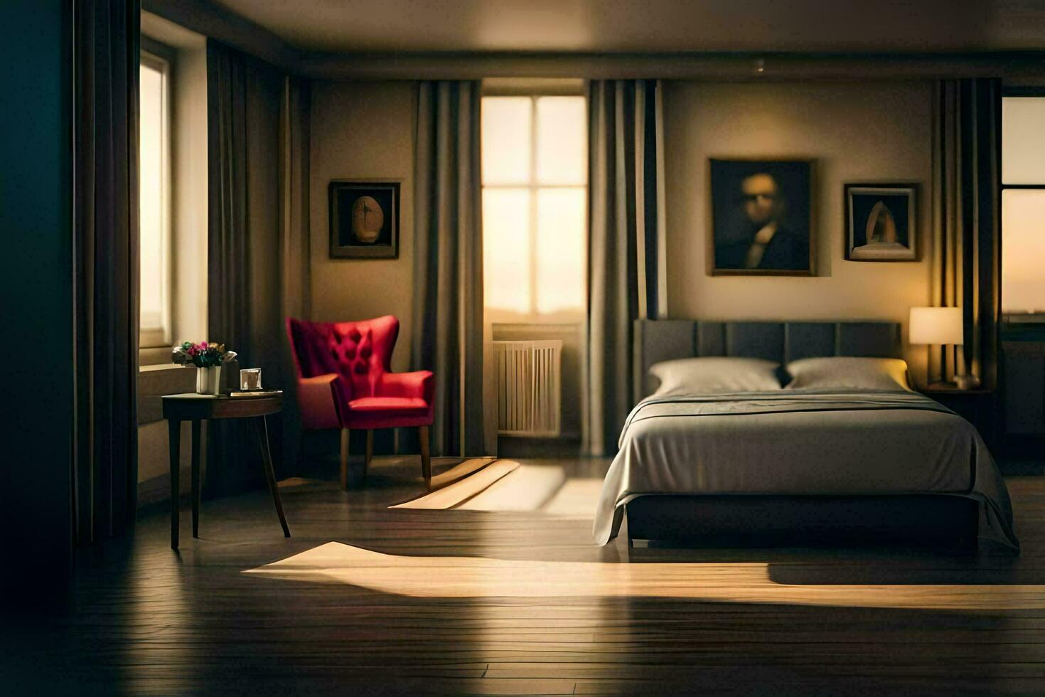 en sovrum med en säng, stol och lampa. ai-genererad foto