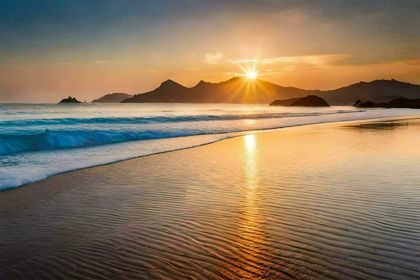 de Sol stiger över de hav och vågor på en strand. ai-genererad foto