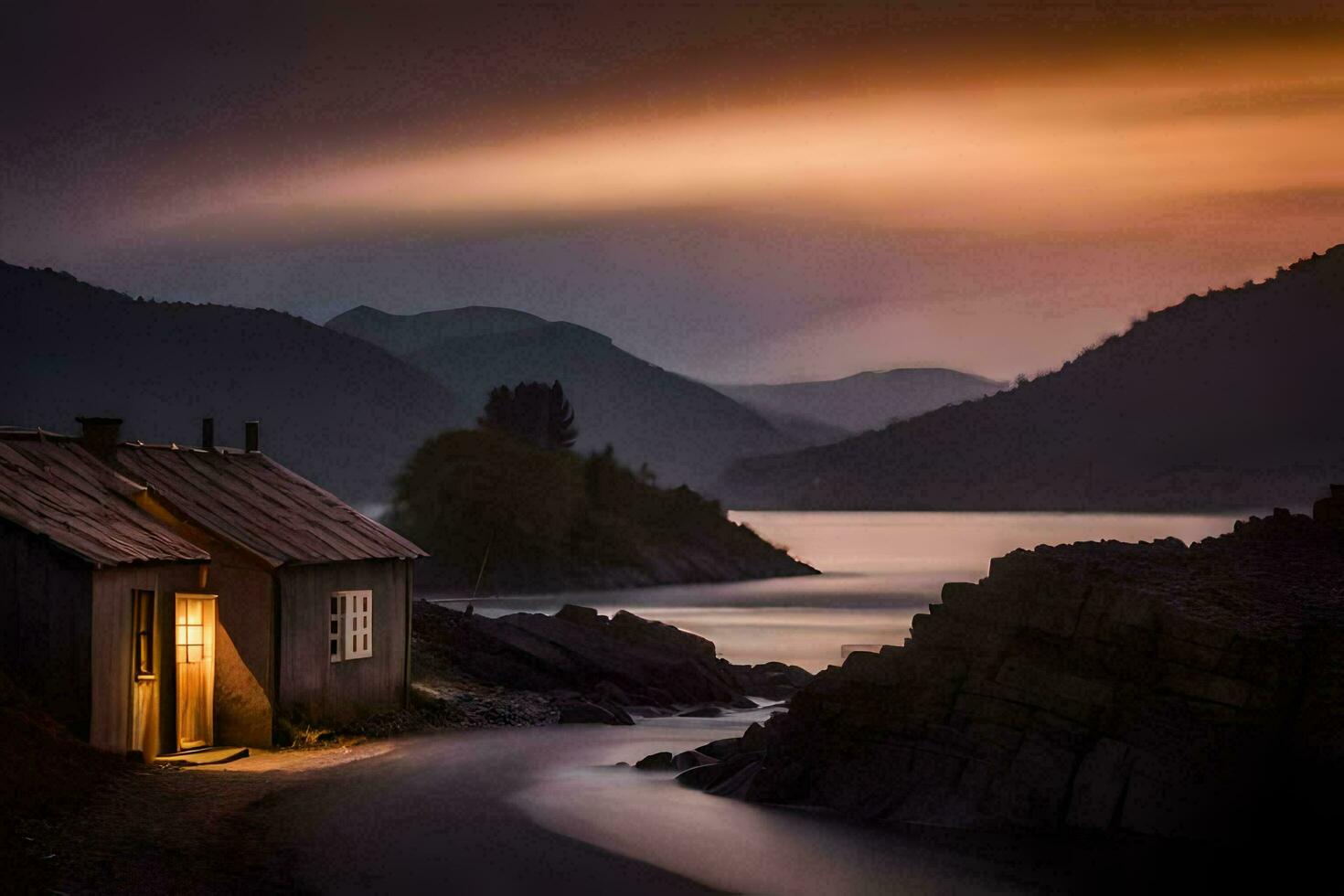 en små stuga sitter på de Strand av en sjö på solnedgång. ai-genererad foto