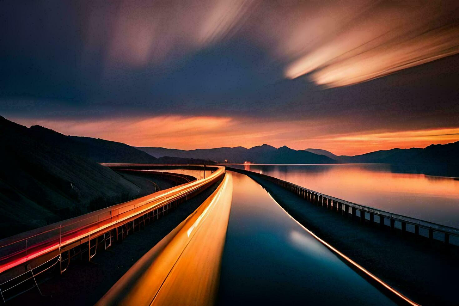 en lång exponering fotografera av en väg med en bil körning på Det. ai-genererad foto