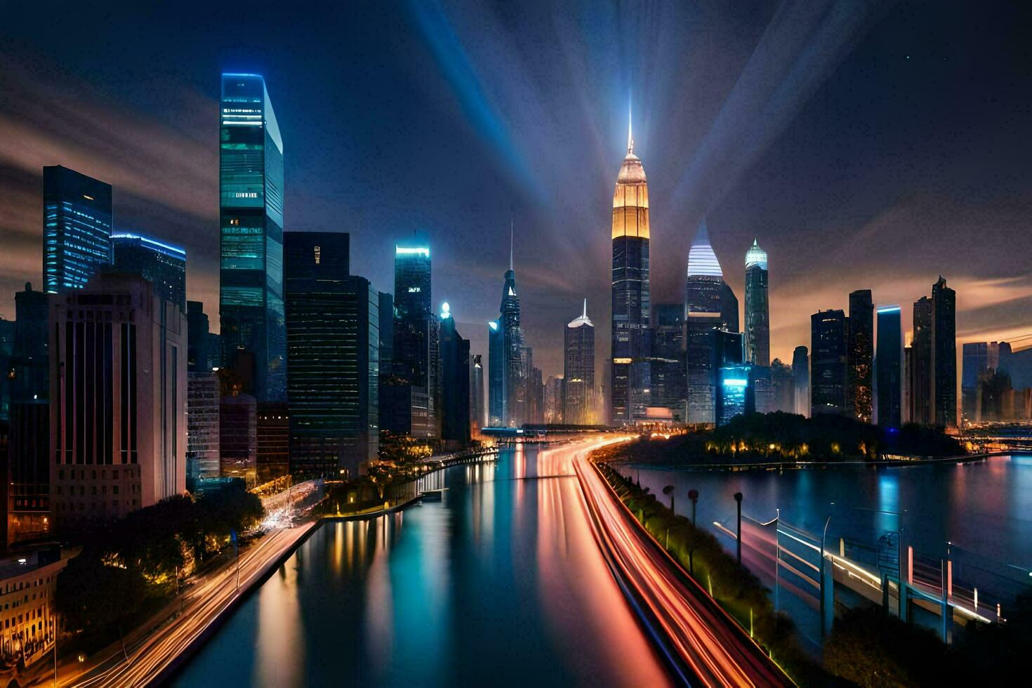 de stad horisont på natt med lampor lysande på de vatten. ai-genererad foto