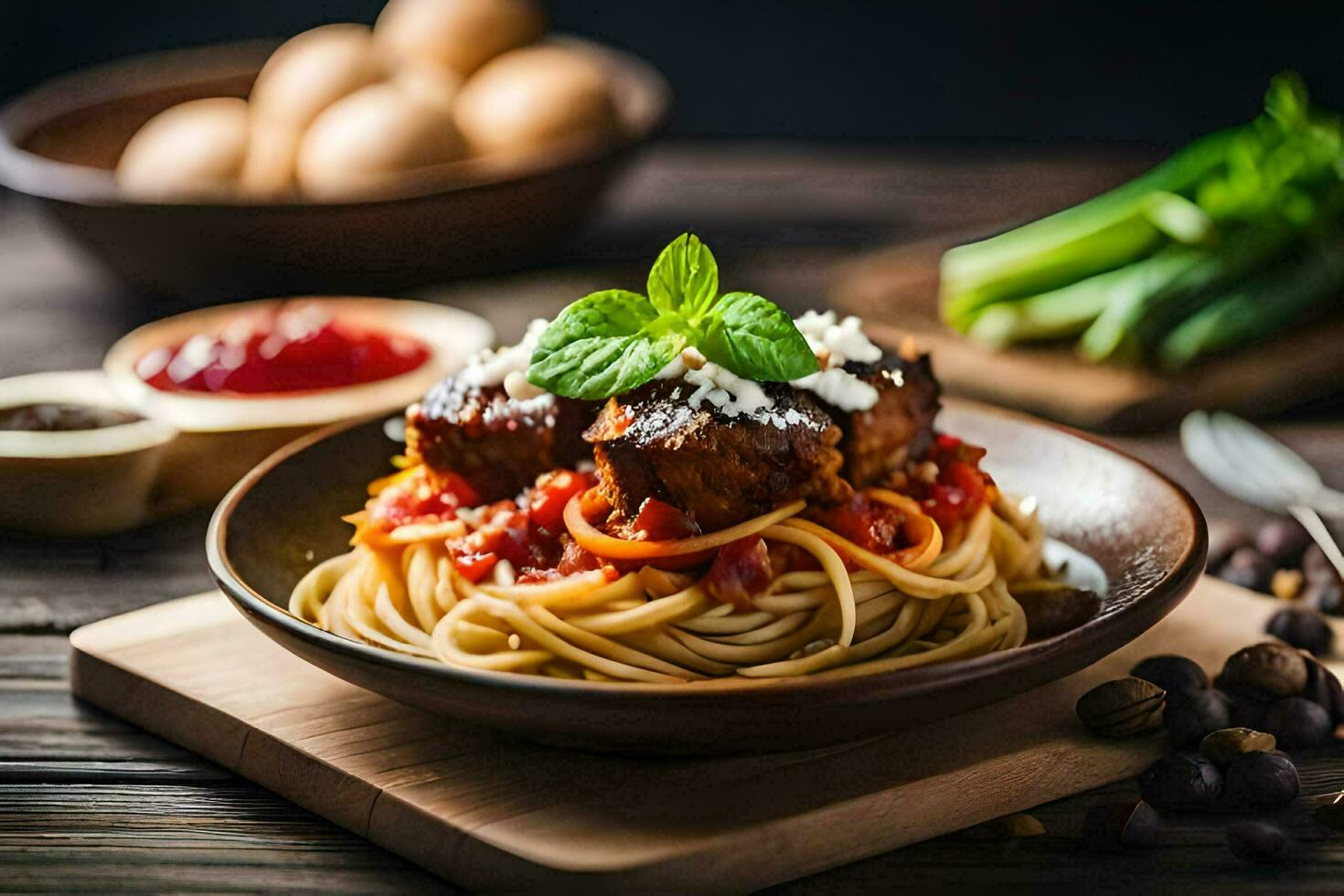 spaghetti med köttbullar och tomat sås. ai-genererad foto