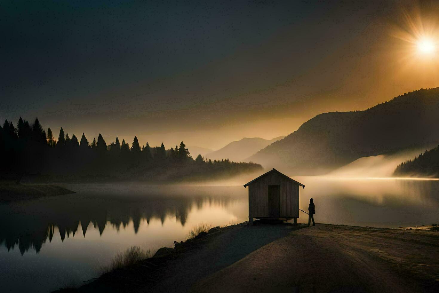 Foto tapet de himmel, sjö, dimma, berg, soluppgång, de Sol, de sjö,. ai-genererad