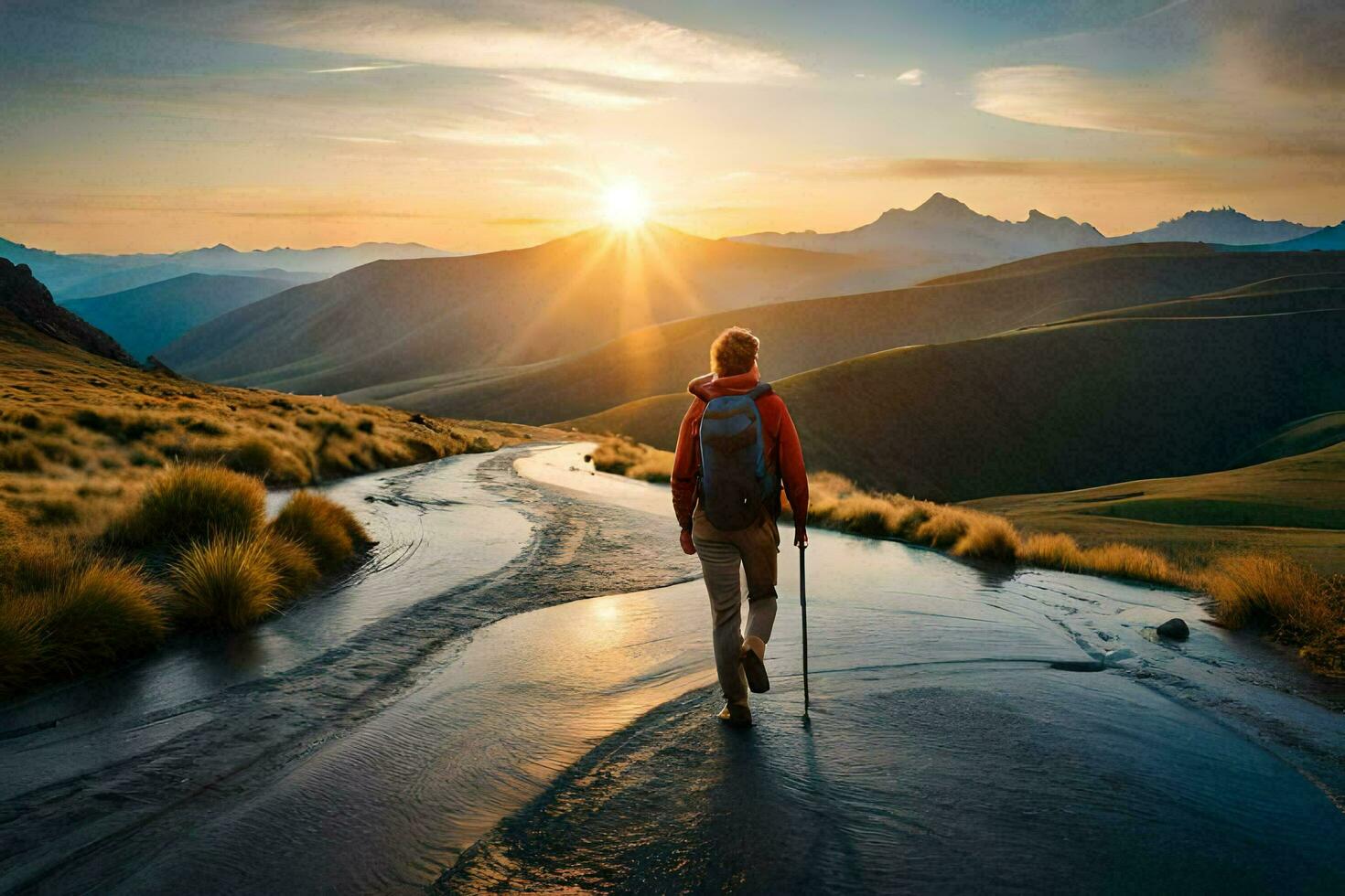 en man gående på en väg i de berg. ai-genererad foto