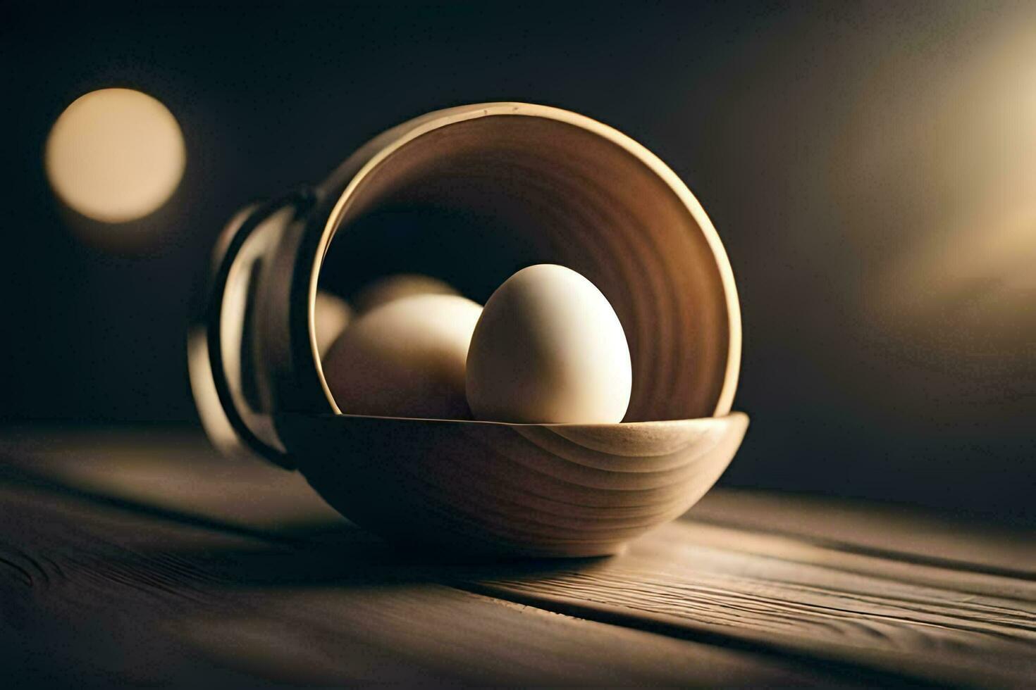 ägg i en trä- skål på en tabell. ai-genererad foto