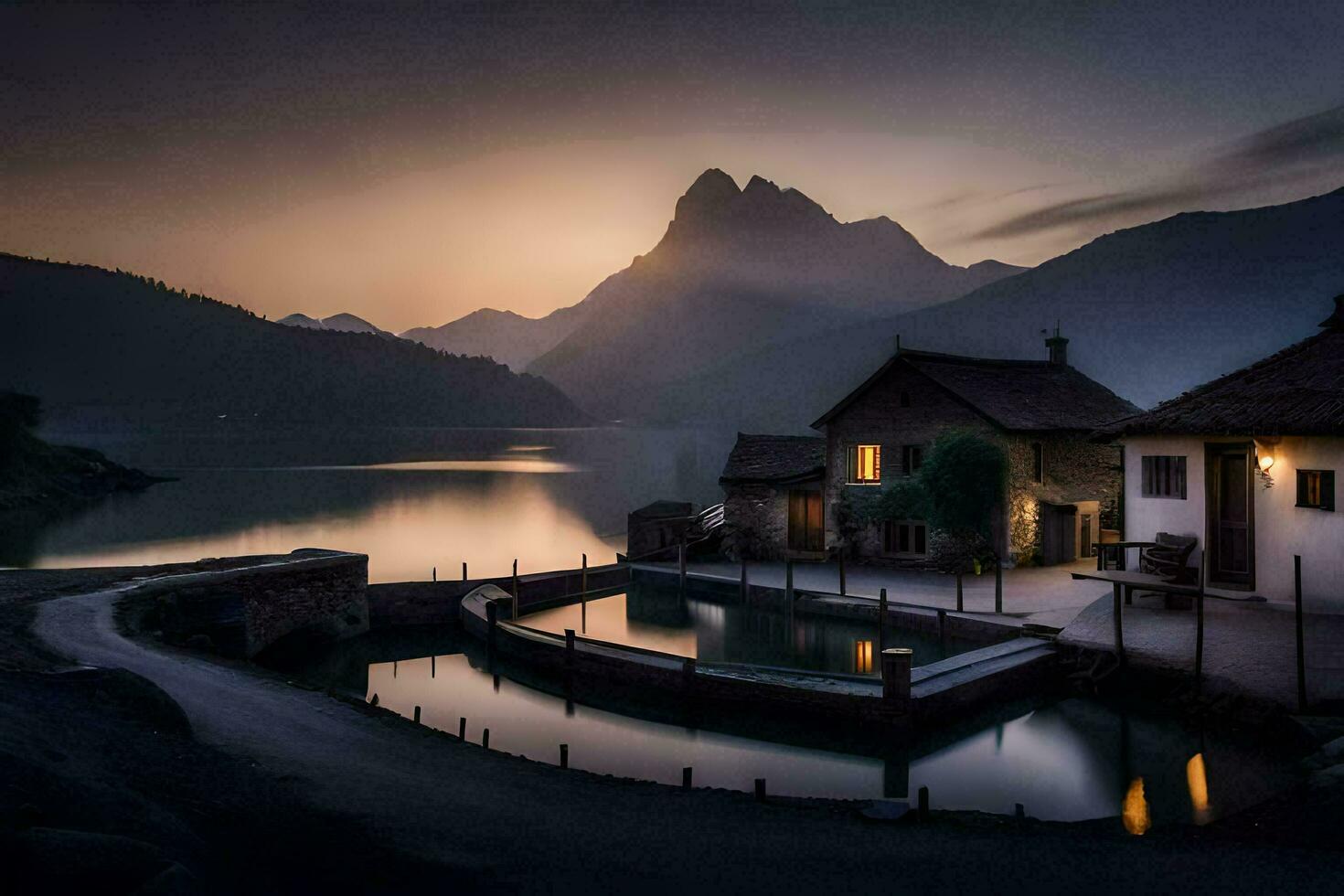 en sjö och en hus i de berg. ai-genererad foto