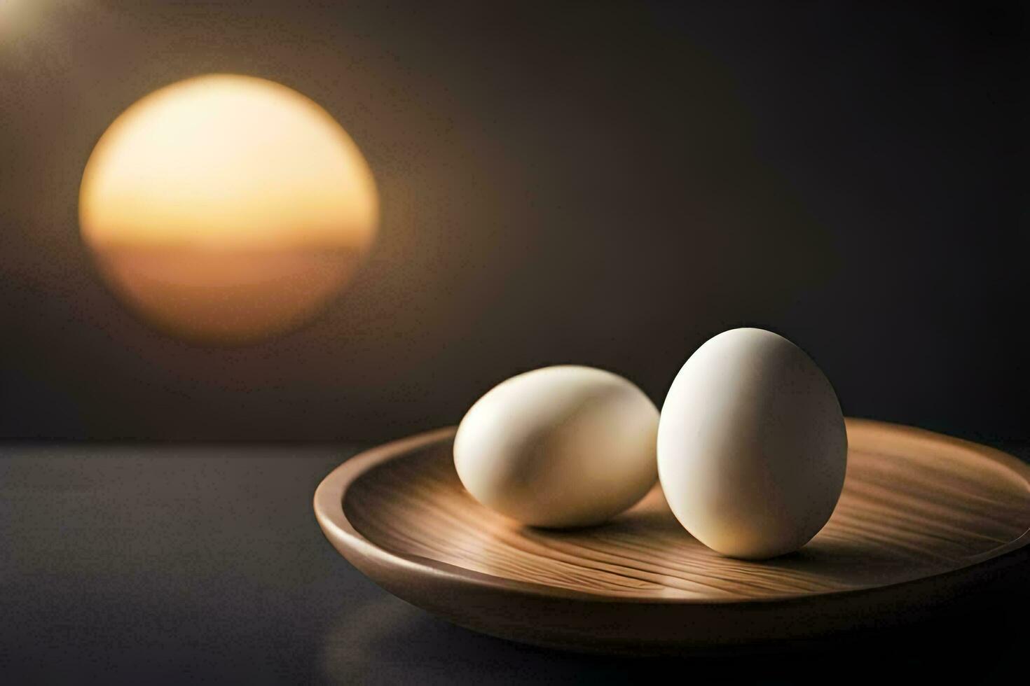 två ägg på en tallrik i främre av en Sol. ai-genererad foto