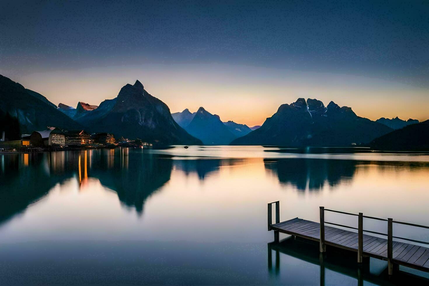 en sjö och bergen på solnedgång. ai-genererad foto