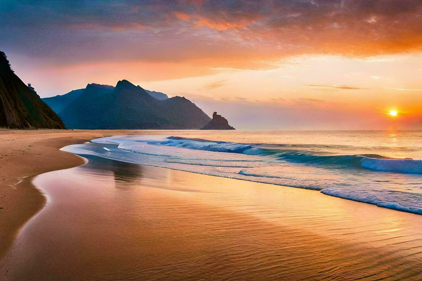 de Sol uppsättningar över en strand och berg. ai-genererad foto