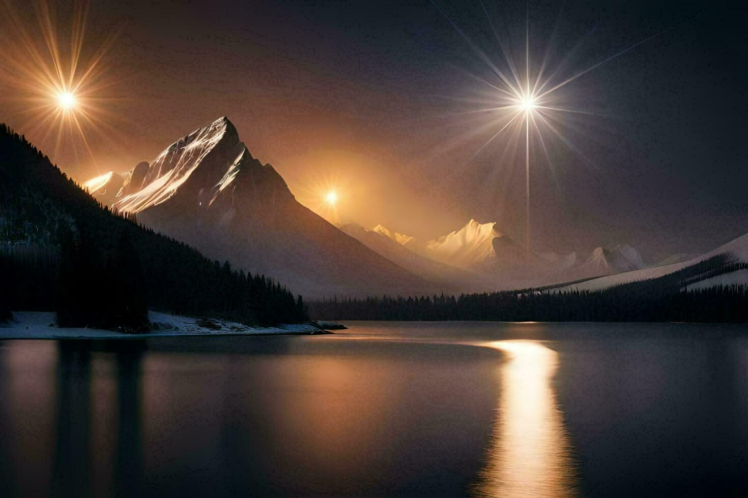 de måne är reflekterad i de vatten som den lyser över berg. ai-genererad foto