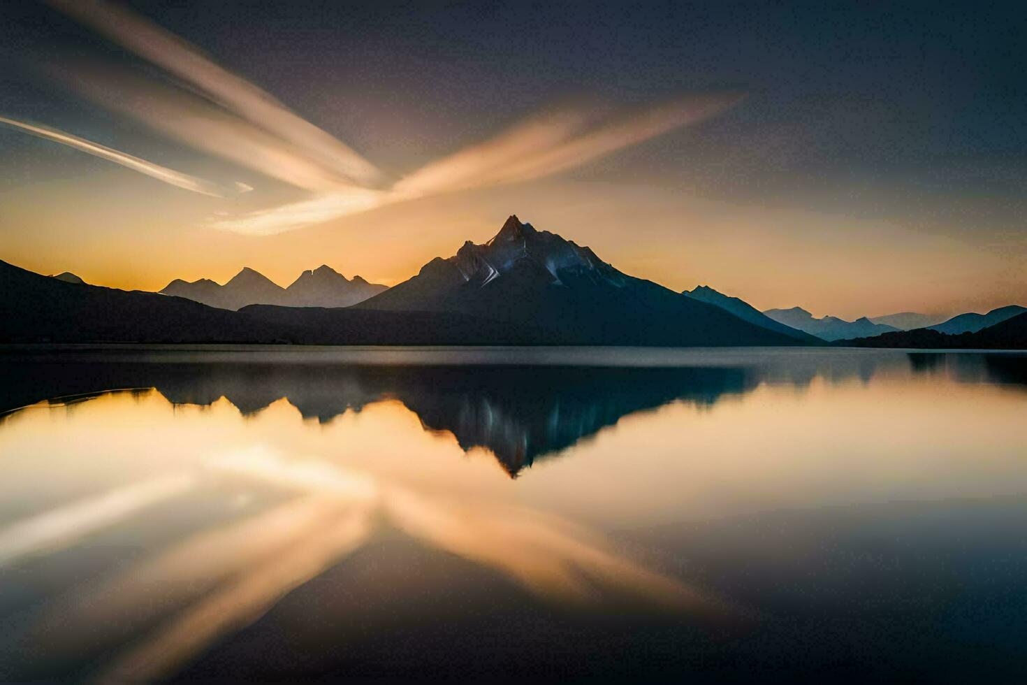 de bergen är reflekterad i de vatten på solnedgång. ai-genererad foto