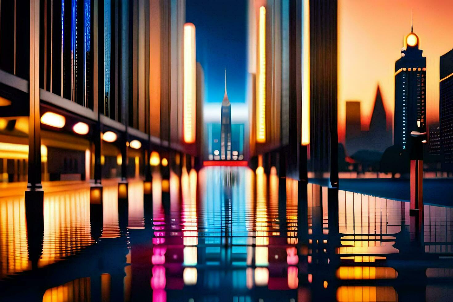 en stad gata på natt med neon lampor. ai-genererad foto