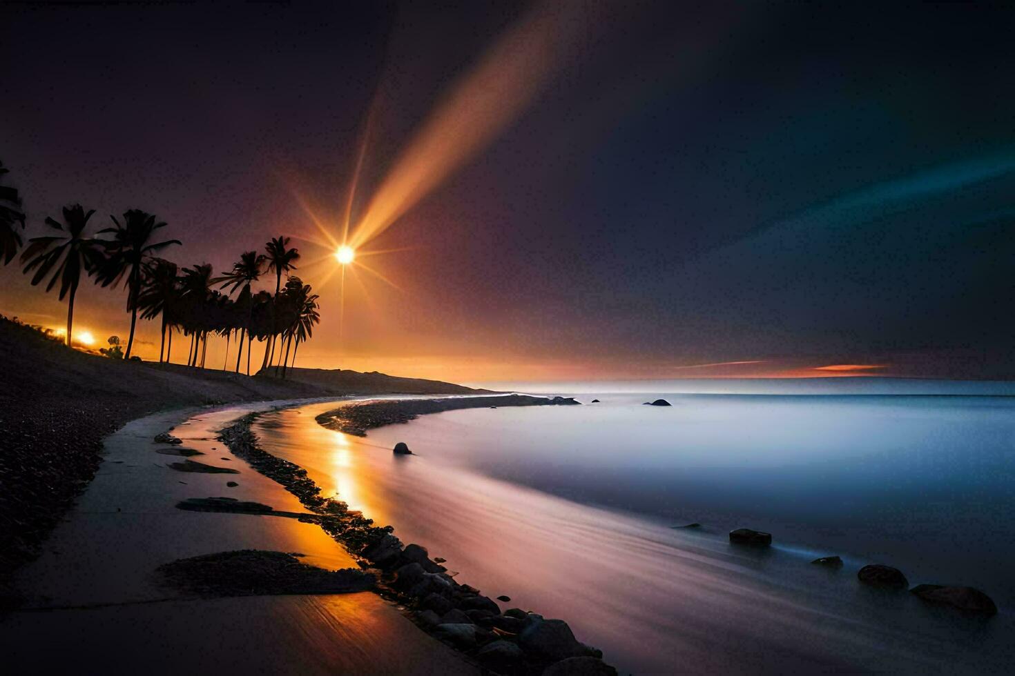 Foto tapet de himmel, de strand, de måne, de hav, de Sol, de hav. ai-genererad