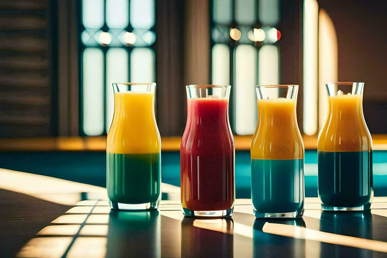 fyra färgrik juice flaskor fodrad upp på en tabell. ai-genererad foto