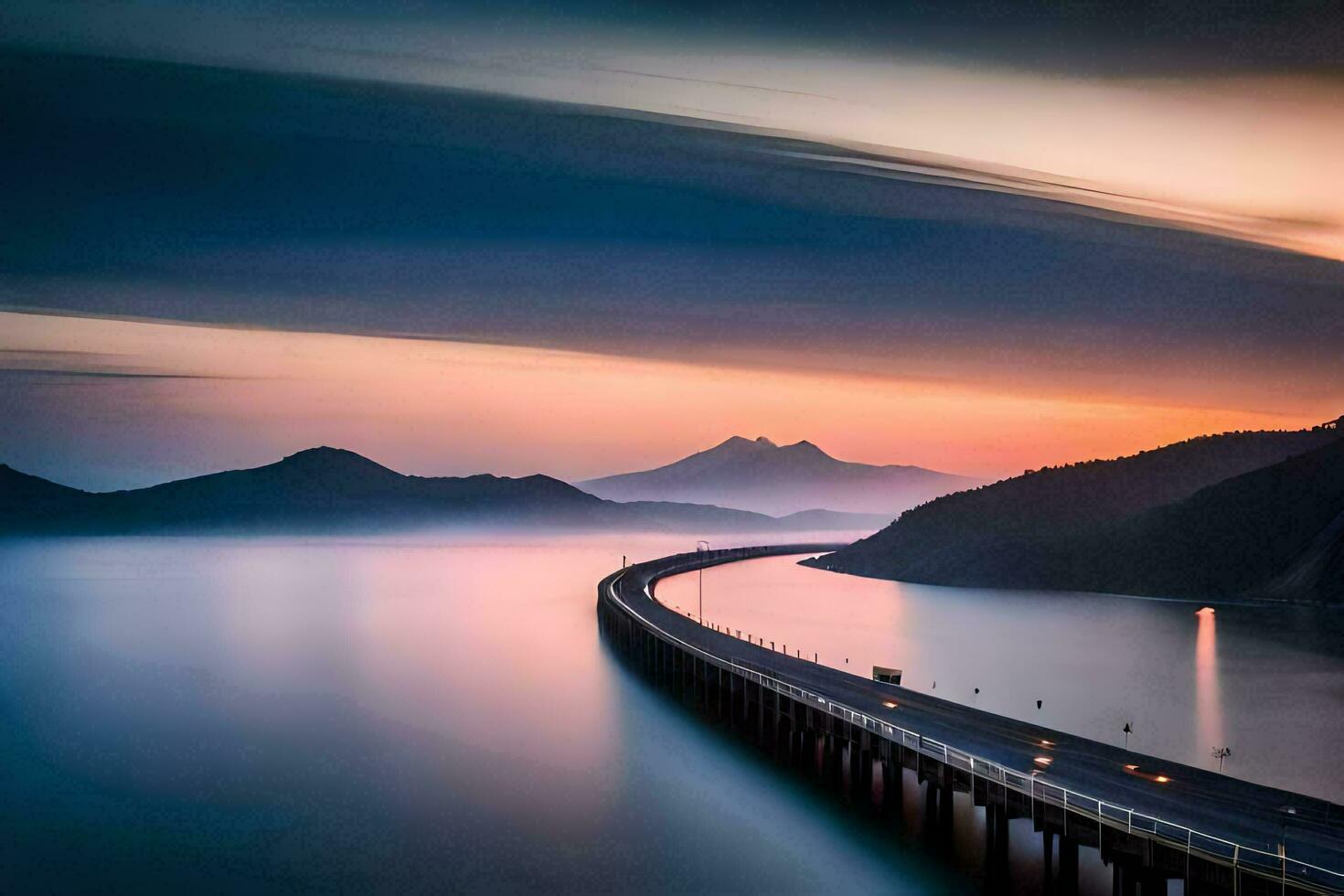 en lång exponering fotografera av en bro över vatten. ai-genererad foto