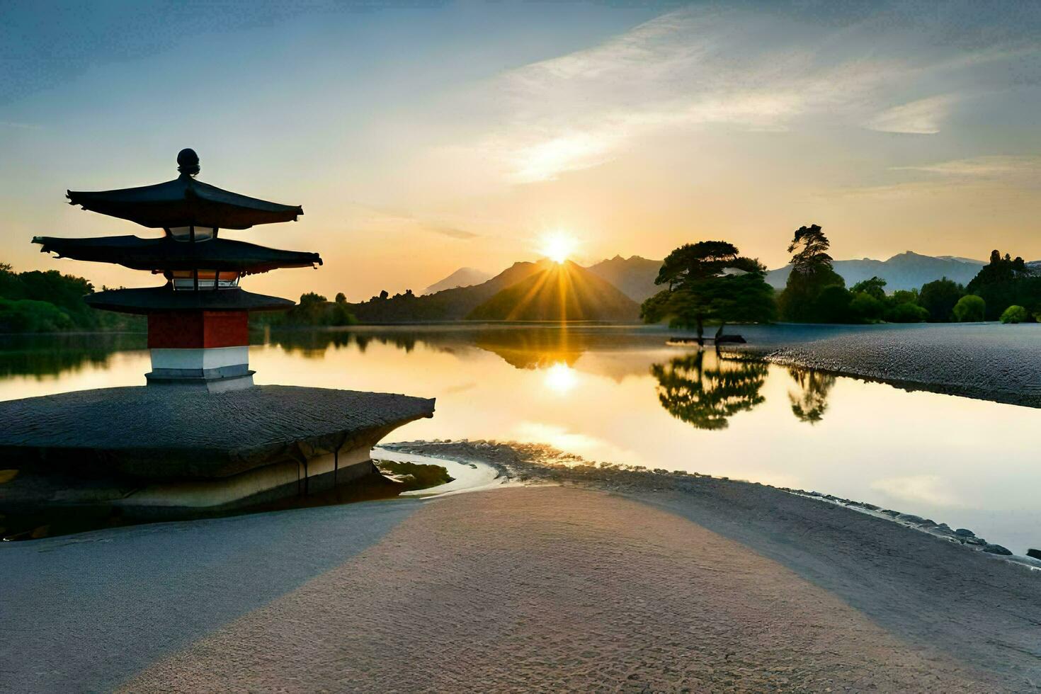de Sol stiger över en pagod i de mitten av en sjö. ai-genererad foto
