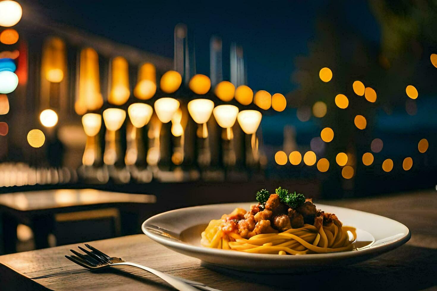 spaghetti med kött och grönsaker på en tallrik. ai-genererad foto