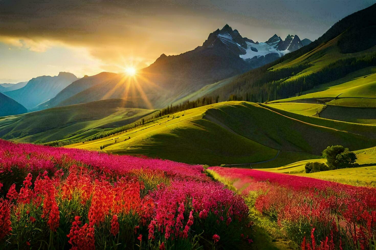 de Sol stiger över en fält av rosa blommor i de berg. ai-genererad foto