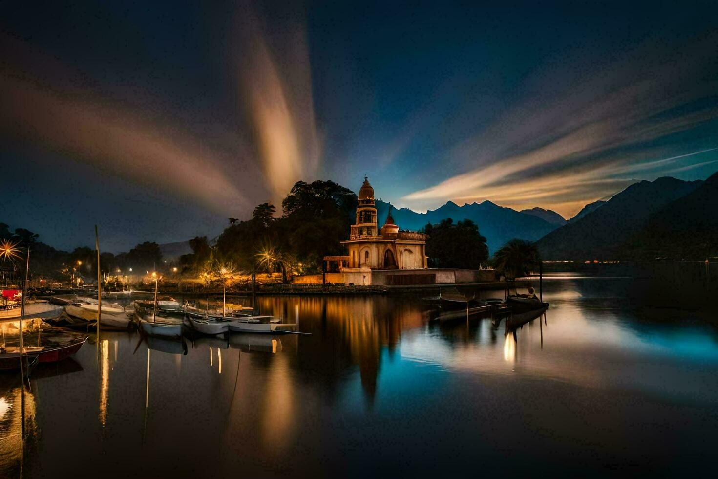 en kyrka i de mitten av en sjö på natt. ai-genererad foto