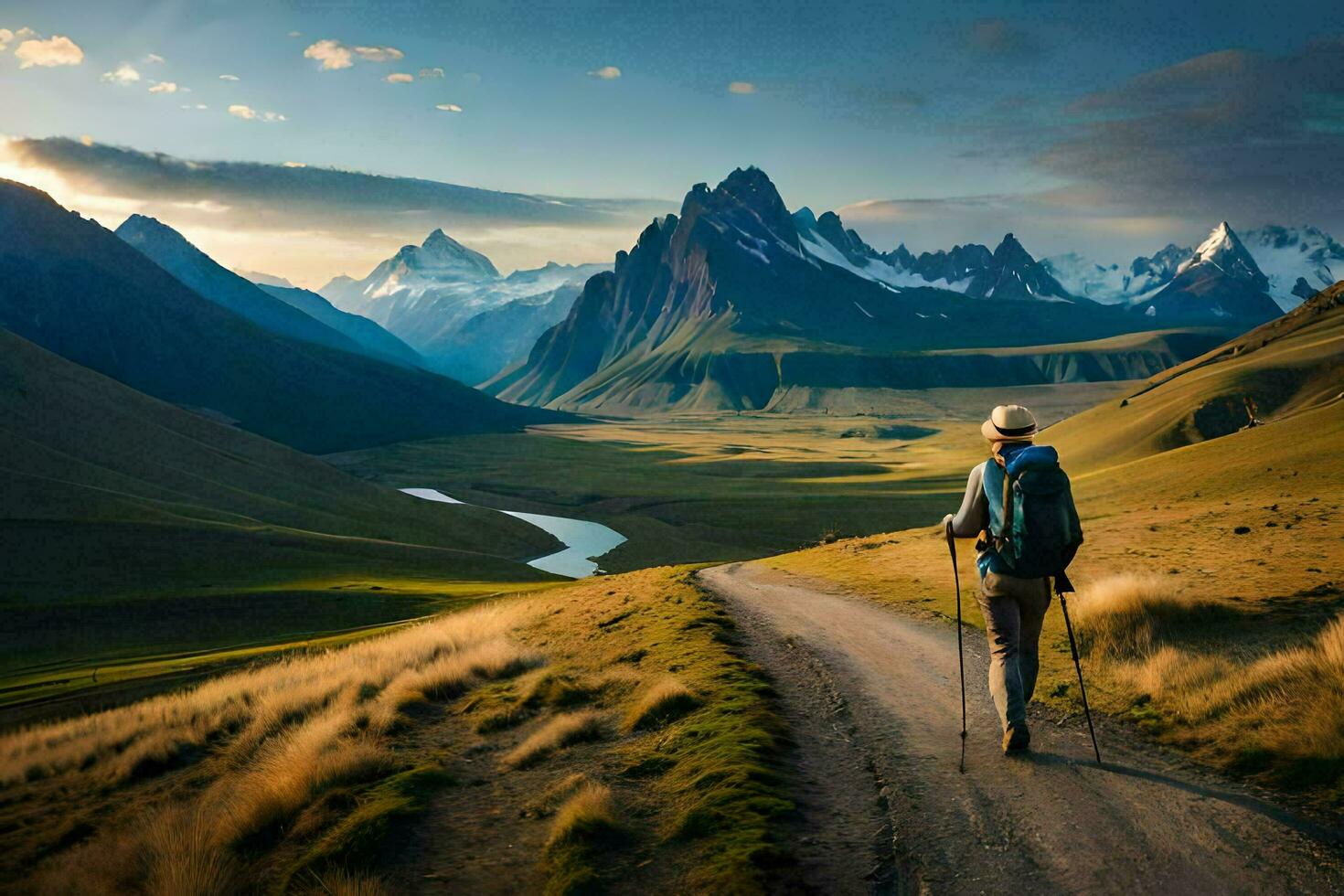 en man promenader längs en smuts väg i de berg. ai-genererad foto