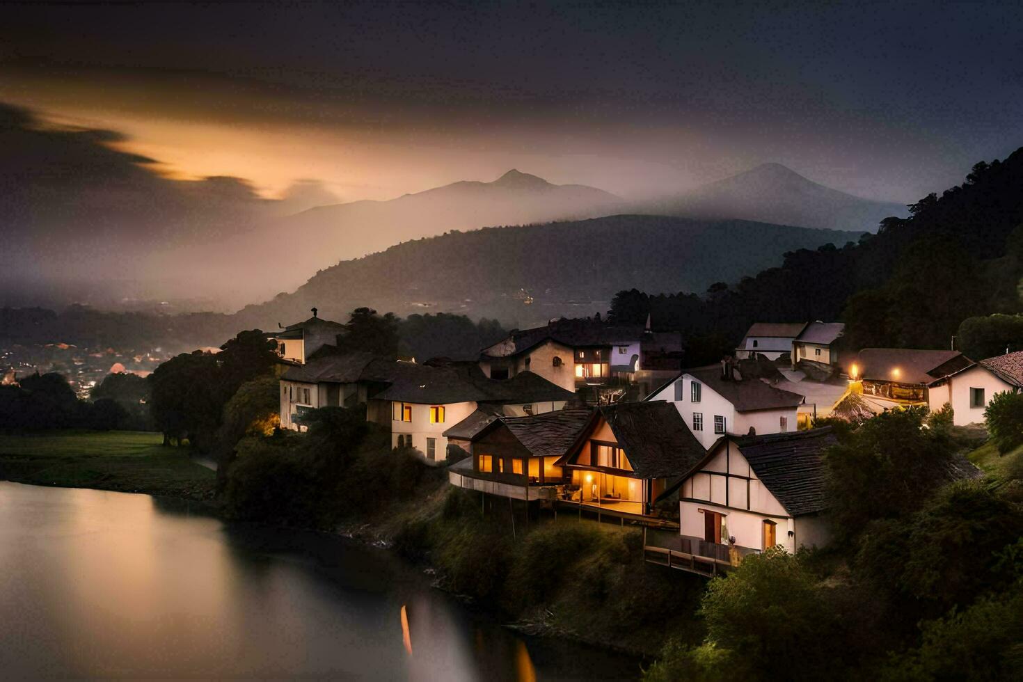 Foto tapet de himmel, berg, vatten, de mörk, de sjö, de berg, de. ai-genererad