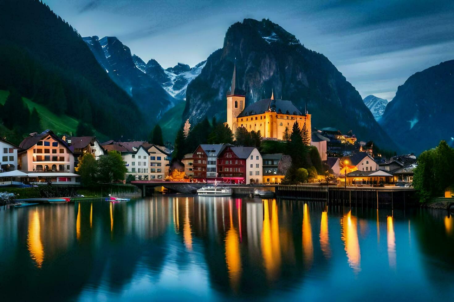 Foto tapet de himmel, berg, vatten, stad, sjö, berg, Österrike, hall. ai-genererad