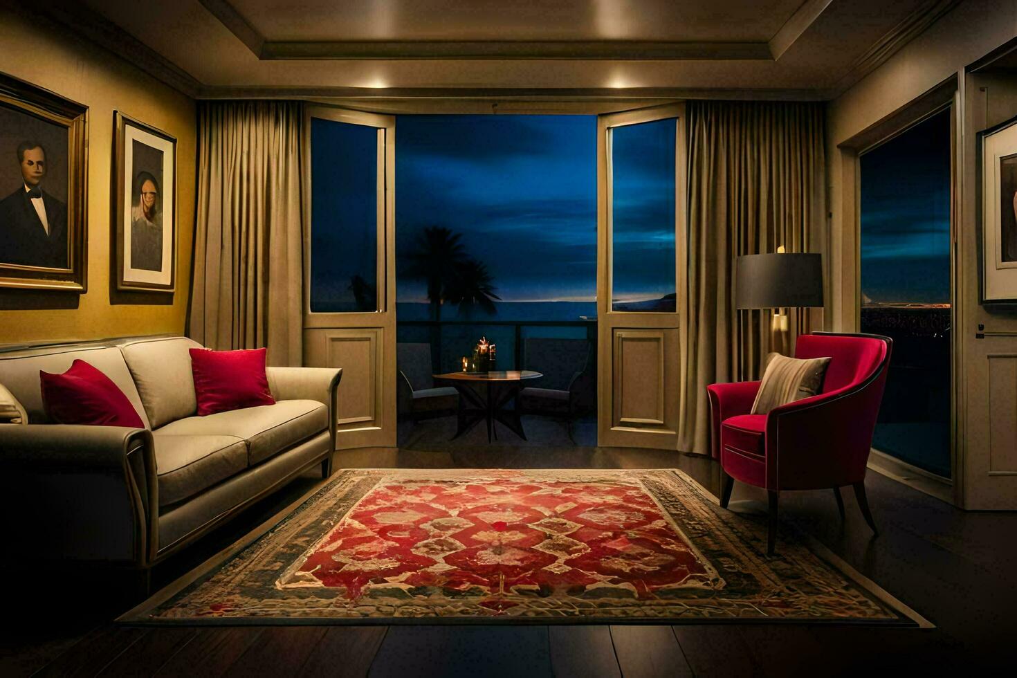 en levande rum med en stor fönster utsikt de hav. ai-genererad foto