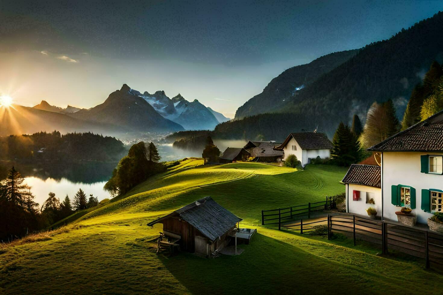 de Sol stiger över de bergen och by i de swiss alperna. ai-genererad foto