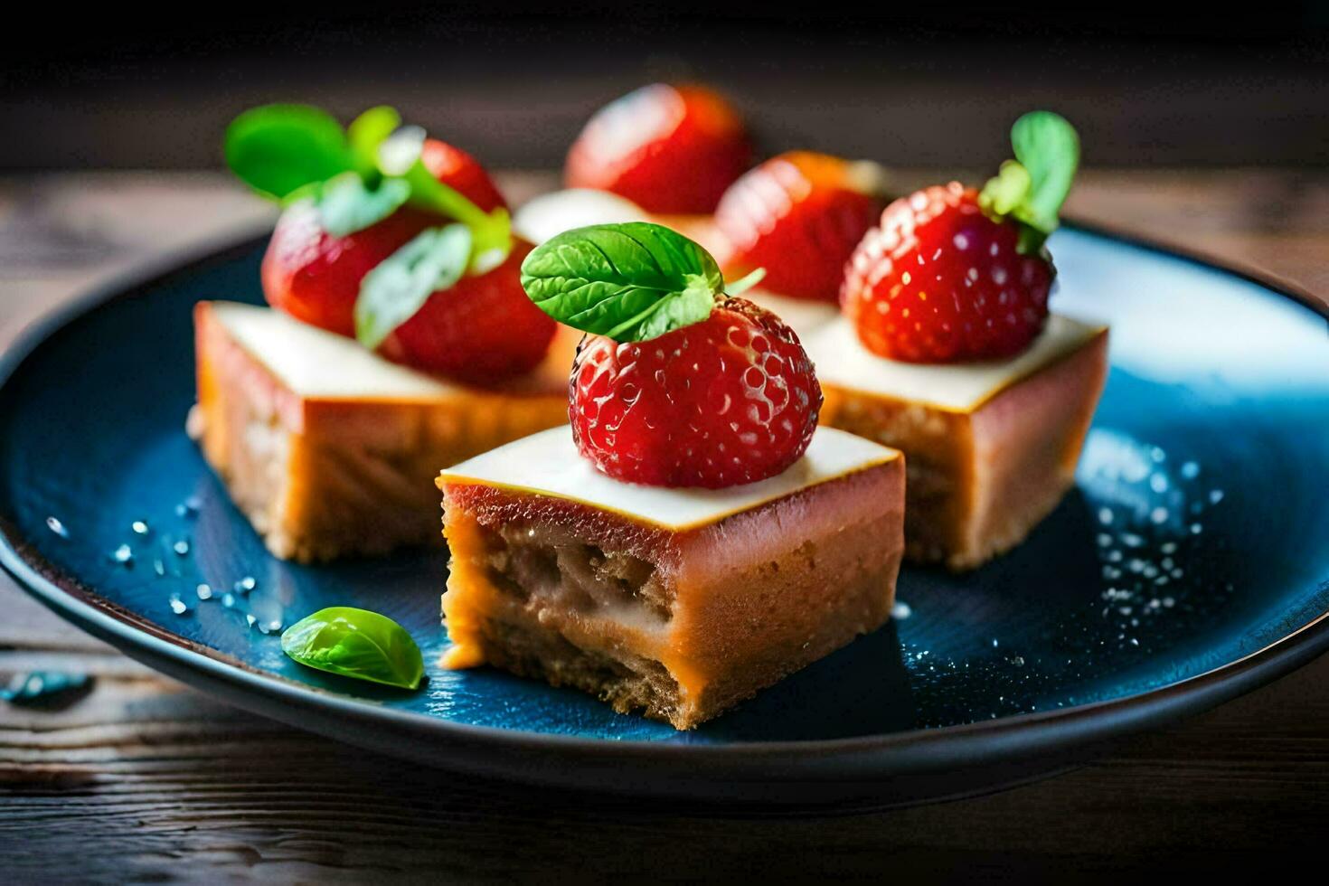 jordgubbar och grädde cheesecake på en tallrik. ai-genererad foto