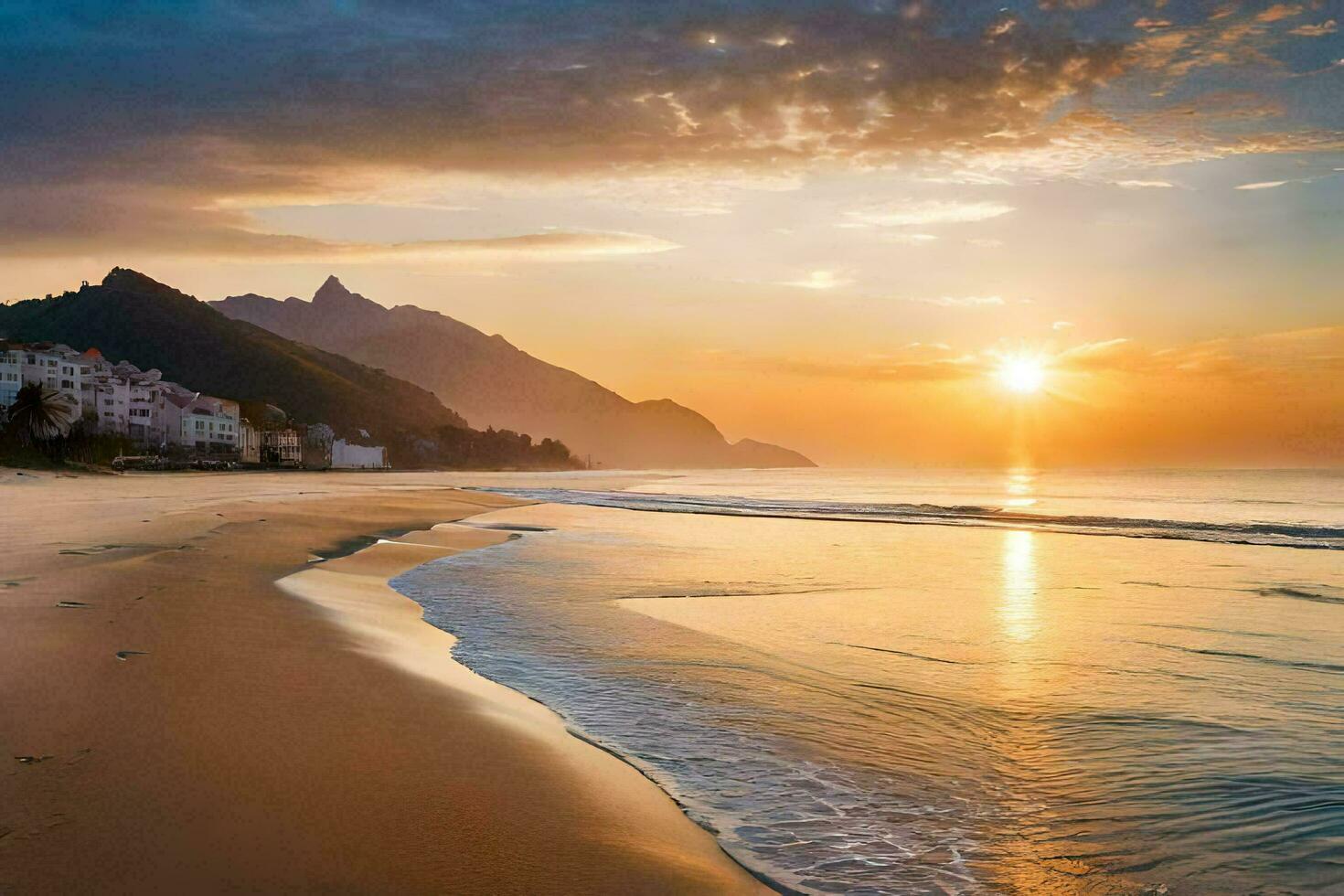 de Sol uppsättningar över en strand och berg. ai-genererad foto