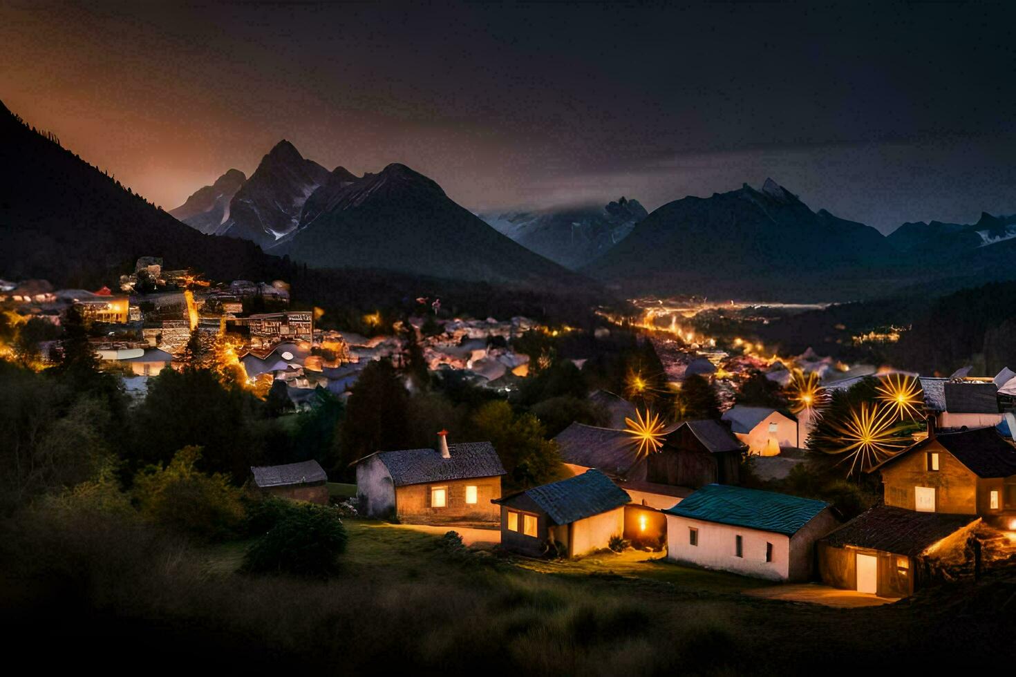 en stad belyst upp på natt i de berg. ai-genererad foto