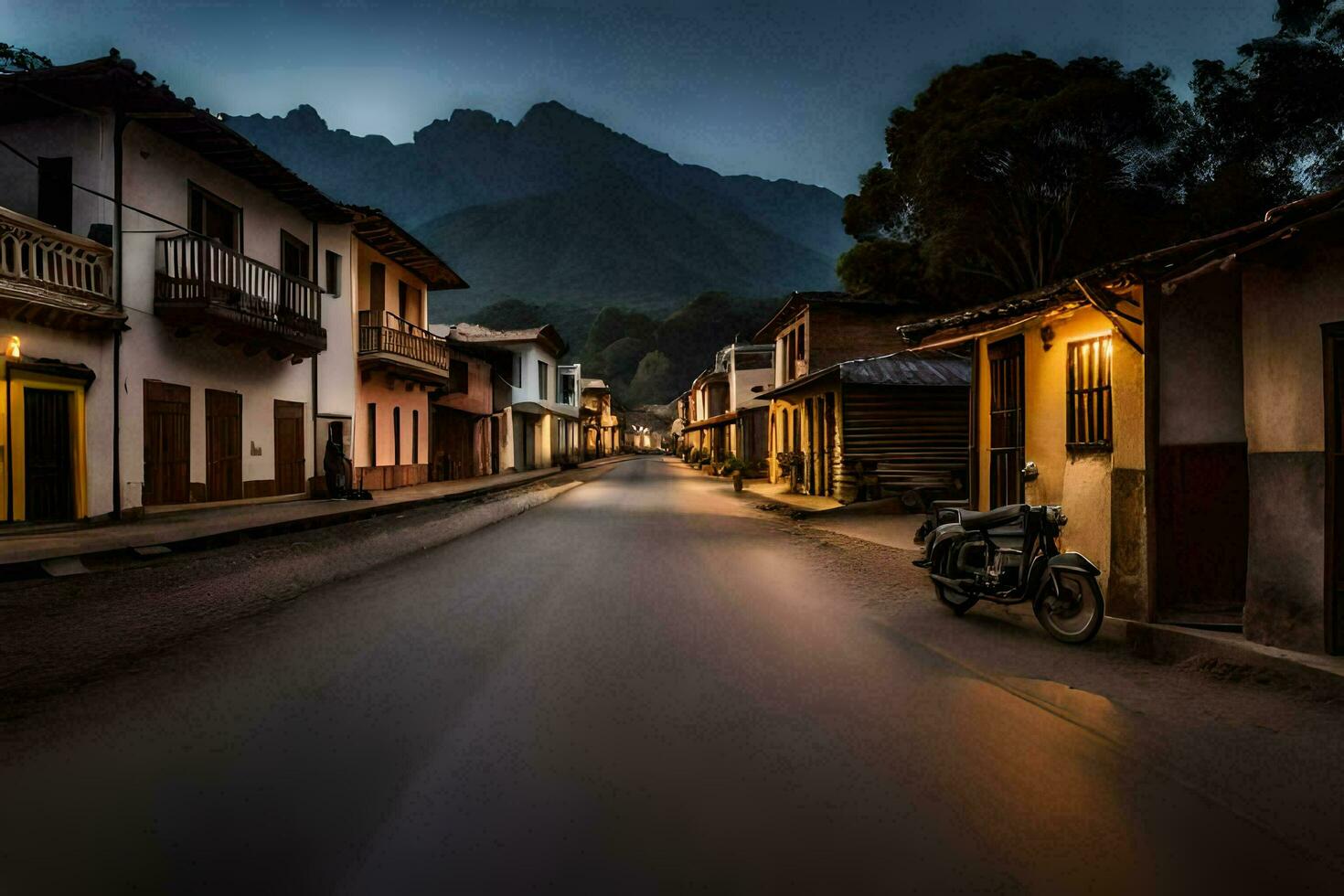 en motorcykel är parkerad i de mitten av en gata på natt. ai-genererad foto