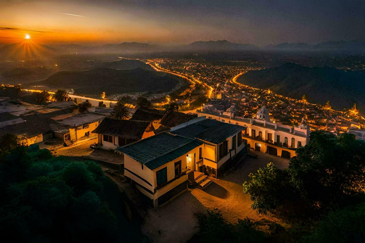 de Sol uppsättningar över en stad i de berg. ai-genererad foto