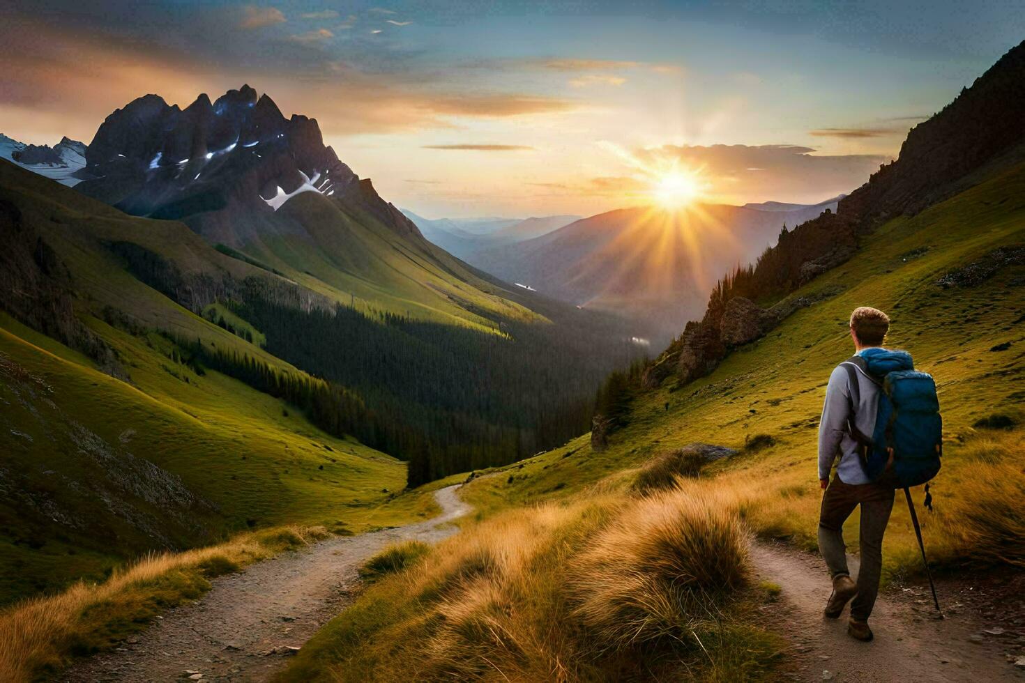 de Sol stiger över de berg. ai-genererad foto